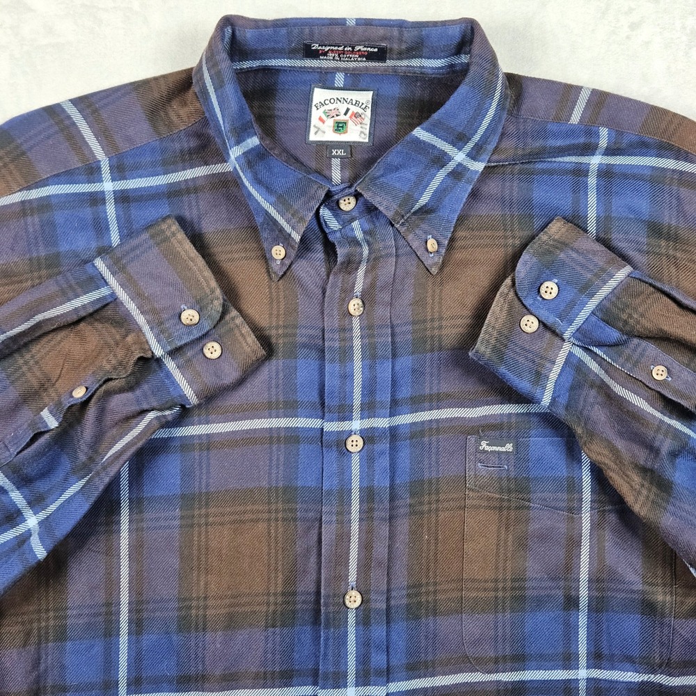 Vintage‎ Faconnable Flannel Shirt Mens XXL Blue Brown Plaid Button Down 90s